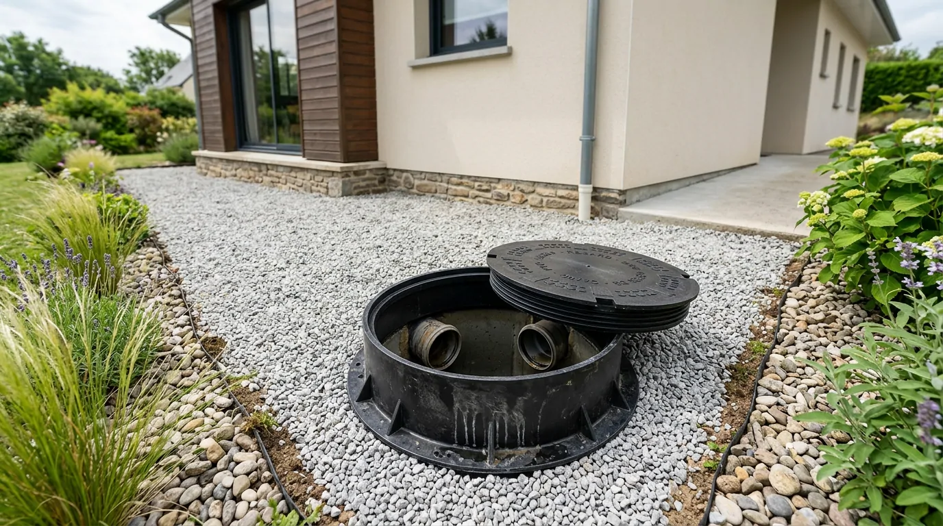 Regard de visite en plastique noir ouvert dans une allée de gravier, laissant voir l'arrivée de deux canalisations