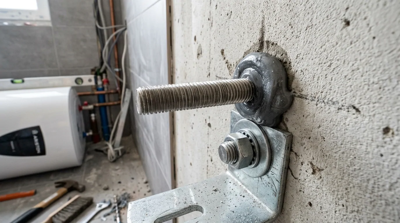 Tige filetée scellée à la résine dans un mur en béton, équerre métallique boulonnée dessous, chauffe-eau en arrière-plan