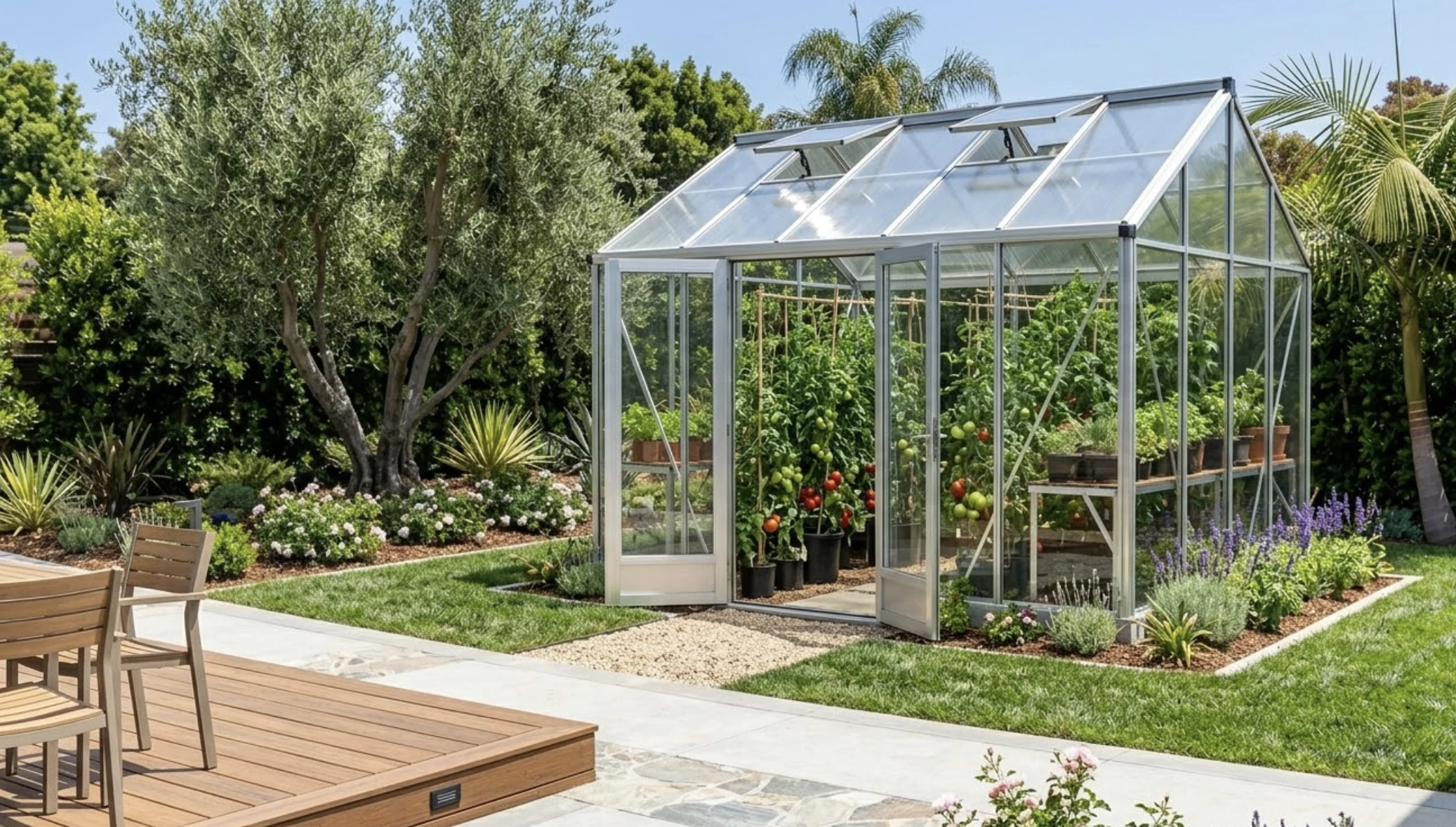 Serre de jardin en aluminium et verre abritant des plants de tomates, dans un jardin avec olivier, lavandes et terrasse