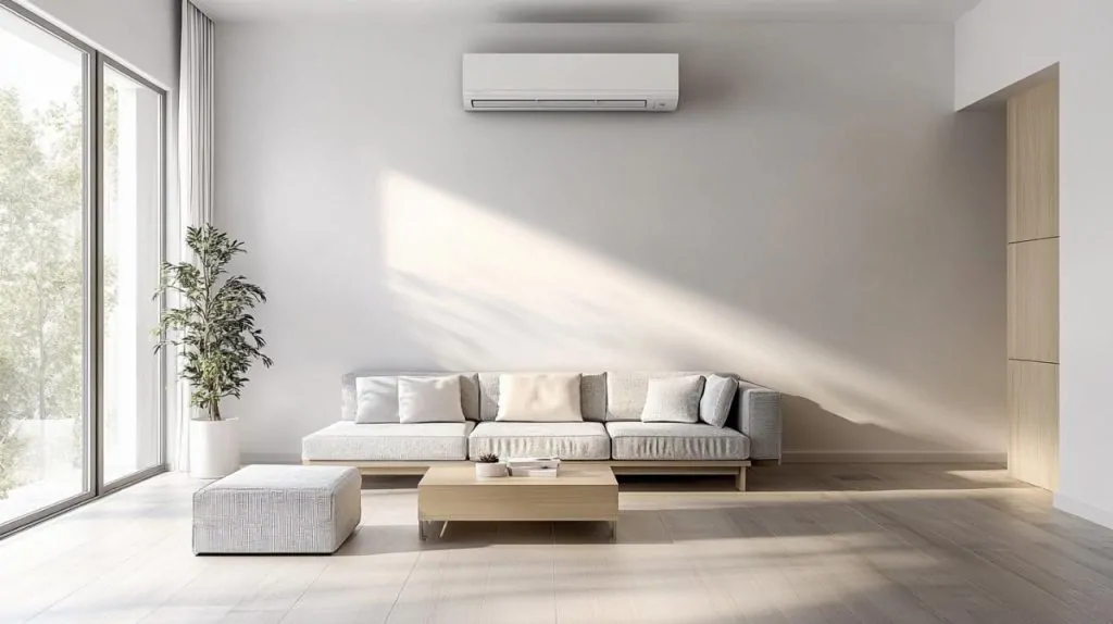 Climatiseur mural blanc fixé au-dessus d'un canapé gris clair dans le salon lumineux d'un appartement à baie vitrée