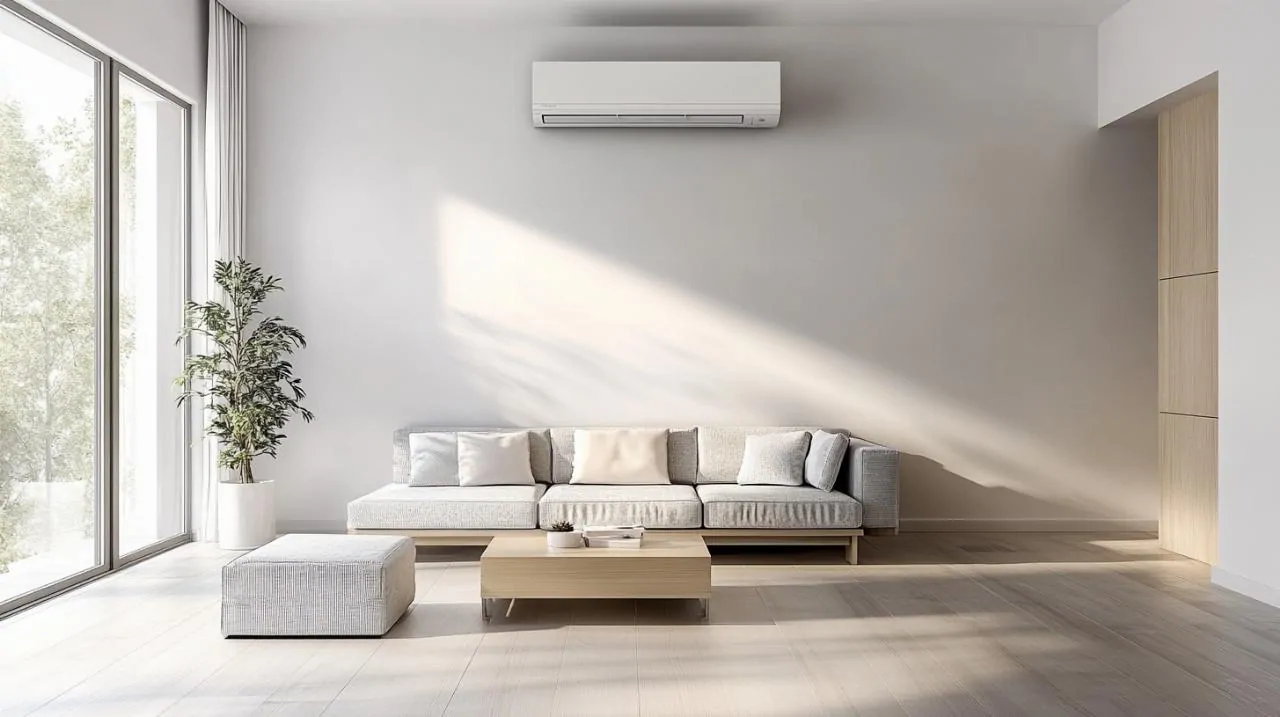 Climatiseur mural blanc fixé au-dessus d'un canapé gris clair dans le salon lumineux d'un appartement à baie vitrée