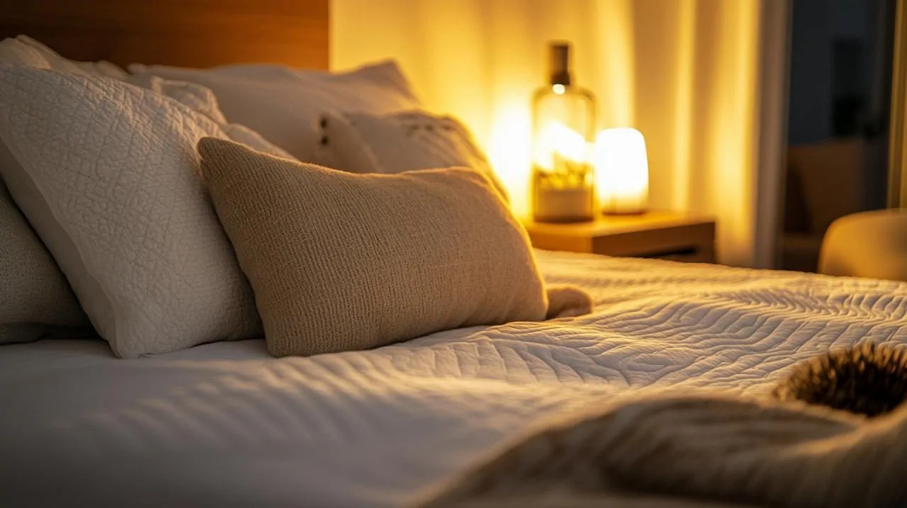 Lit garni d'un couvre-lit matelassé blanc et de coussins texturés, éclairé par une lampe de chevet à la lumière chaude
