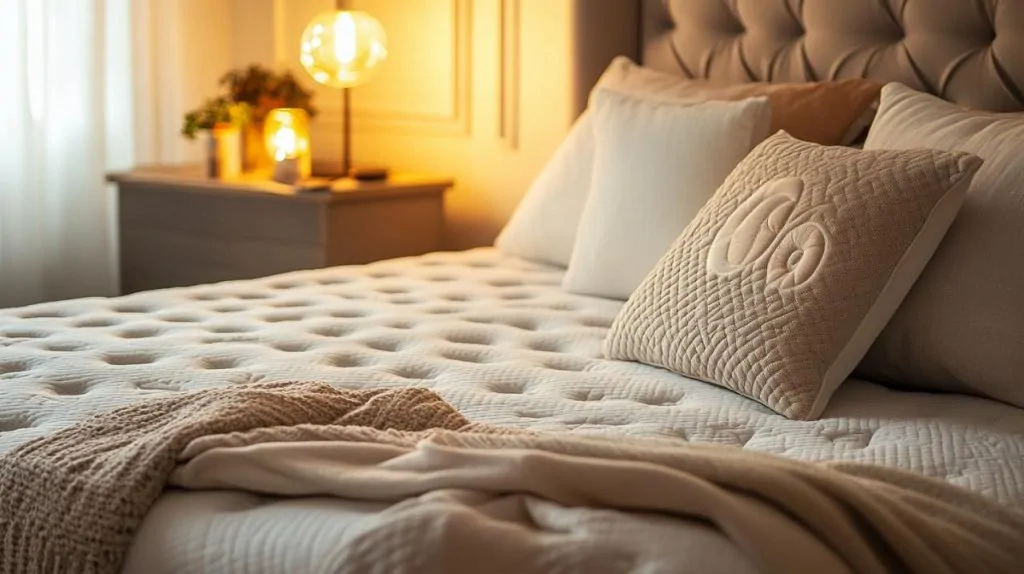 Matelas à surface matelassée devant une tête de lit capitonnée, avec oreillers et plaid tricoté, près d'une lampe allumée