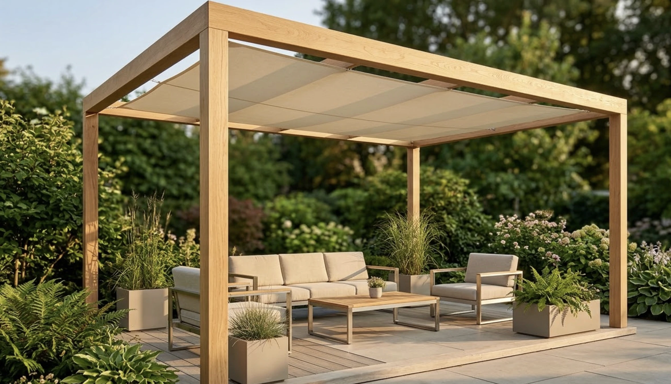 Pergola, toile et bâche Voici une pergola avec une toile et une bâche.