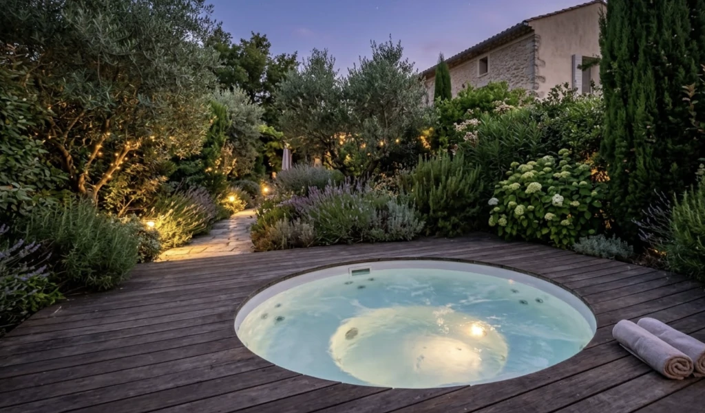 Spa rond encastré dans une terrasse en bois, éclairé au crépuscule et entouré de lavandes, d'oliviers et d'hortensias