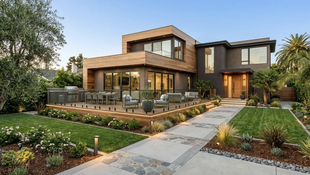 Maison contemporaine à bardage bois avec grande terrasse meublée, cuisine d'extérieur, pelouses et allée en pierre éclairée