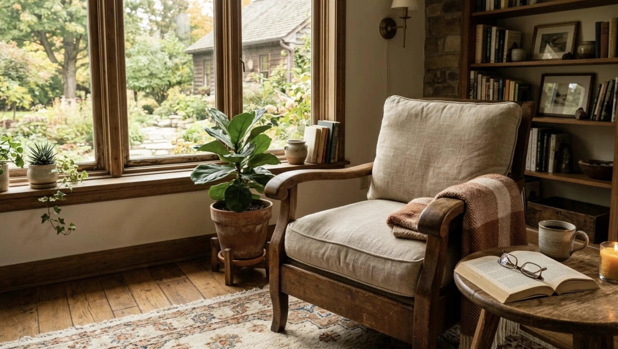 coin de lecture Fauteuil en bois à coussin de lin et plaid près d'une fenêtre sur jardin, livre ouvert et lunettes posés sur un guéridon