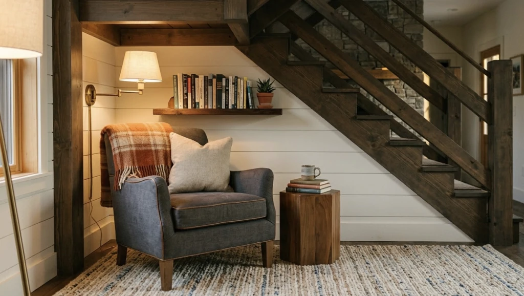 Fauteuil gris avec plaid à carreaux installé sous un escalier en bois, applique murale et étagère de livres au-dessus