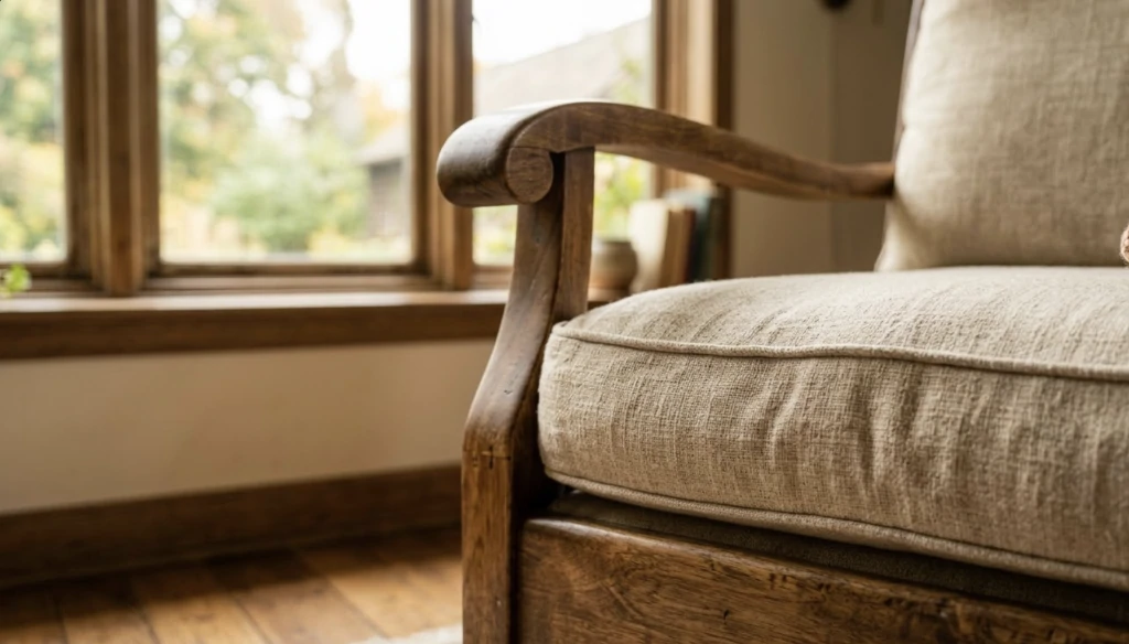 Gros plan sur l'accoudoir en bois massif patiné d'un fauteuil et son coussin en lin naturel