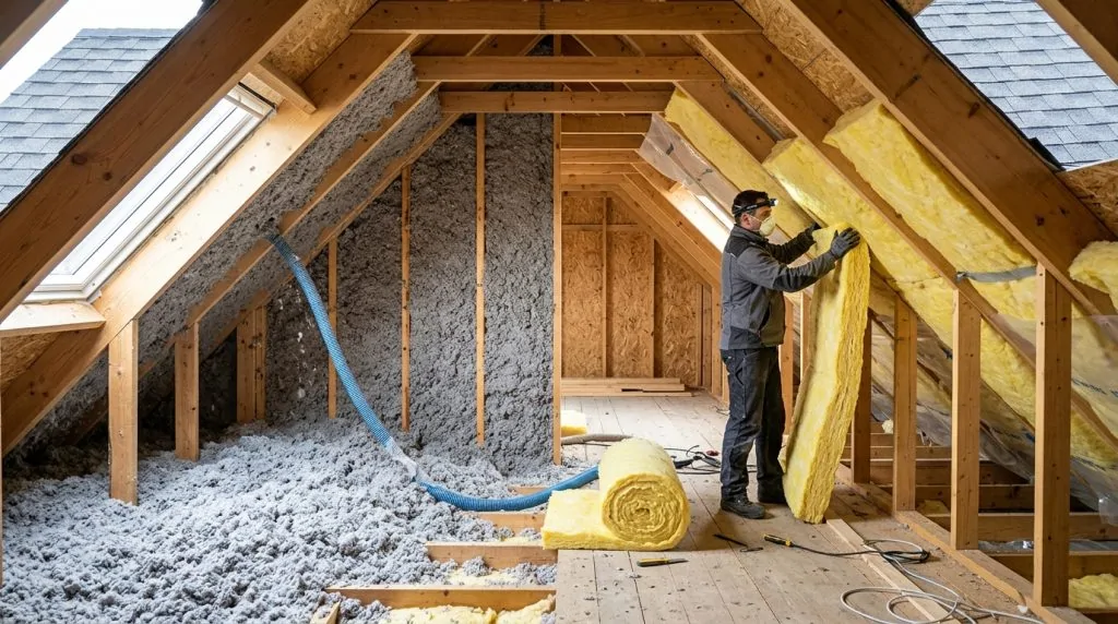 Combles isolés d'un côté en ouate de cellulose soufflée, de l'autre par un ouvrier posant des rouleaux de laine de verre