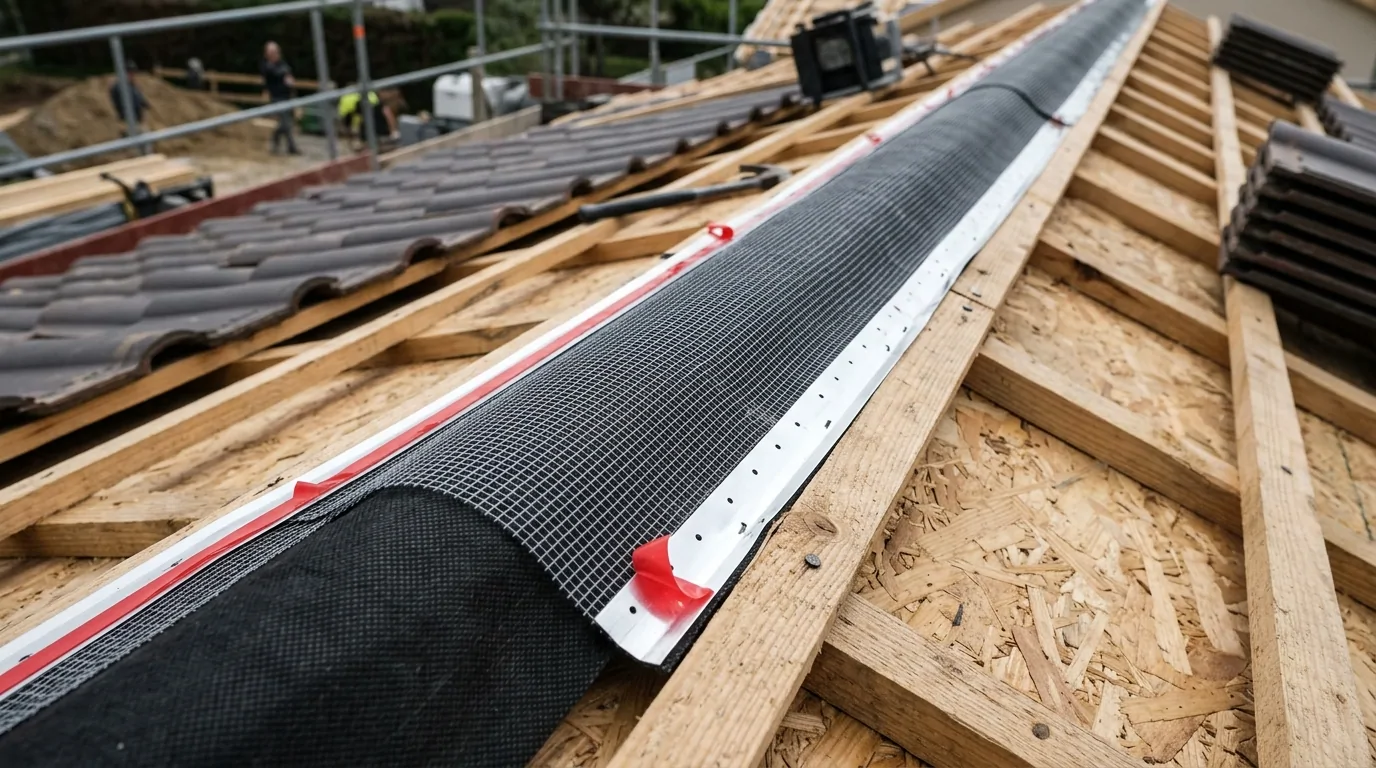 Rouleau de closoir ventilé noir à bandes alu et adhésif rouge déroulé le long du faîtage d'une toiture en cours de pose