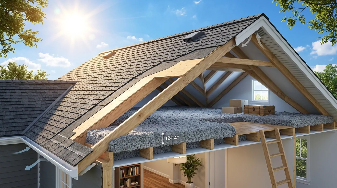 Coupe de combles sous un toit en plein soleil, avec une épaisse couche de ouate de cellulose soufflée entre les solives