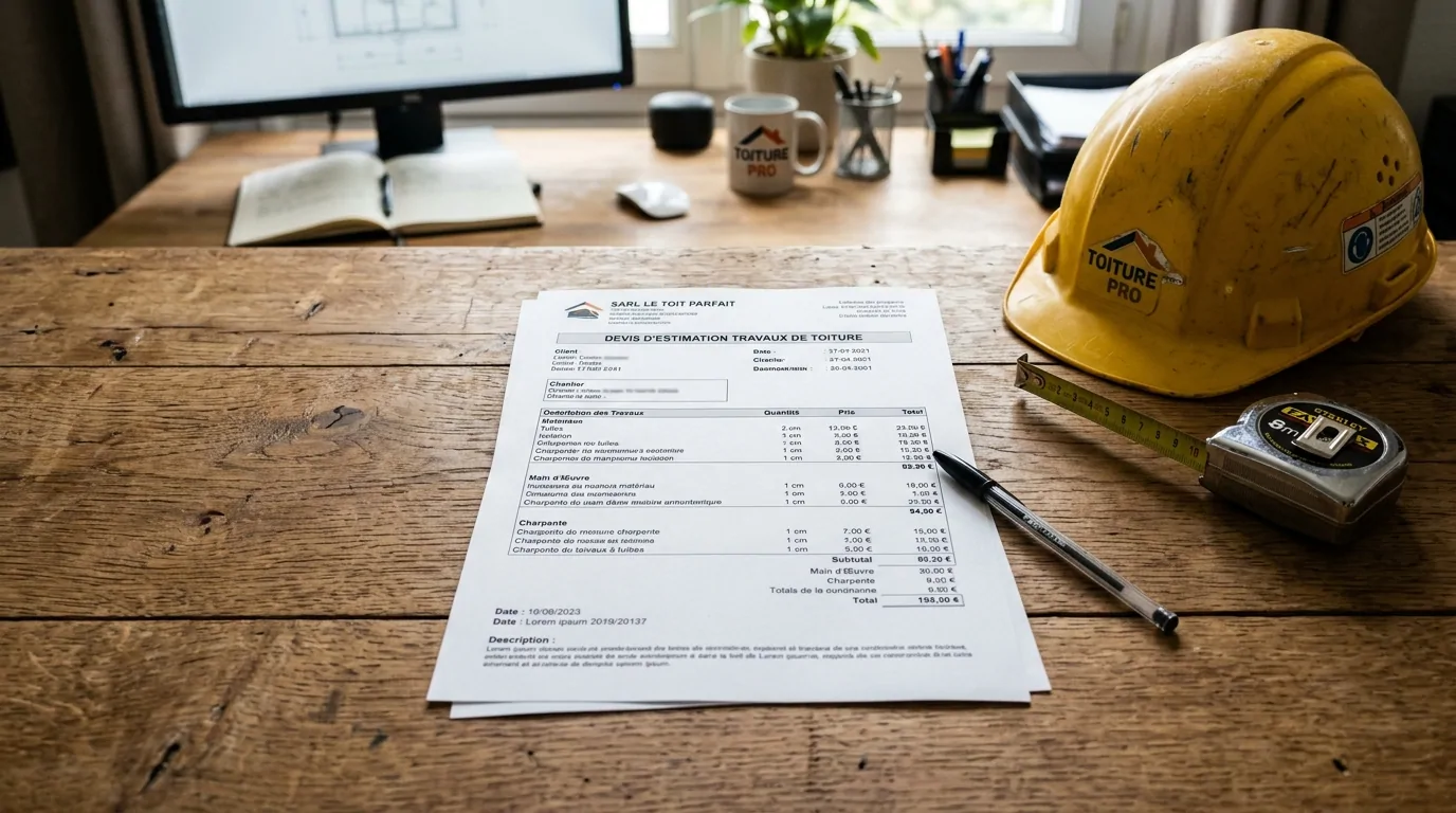 Devis d'estimation de travaux de toiture posé sur un bureau en bois, près d'un casque de chantier jaune et d'un mètre ruban