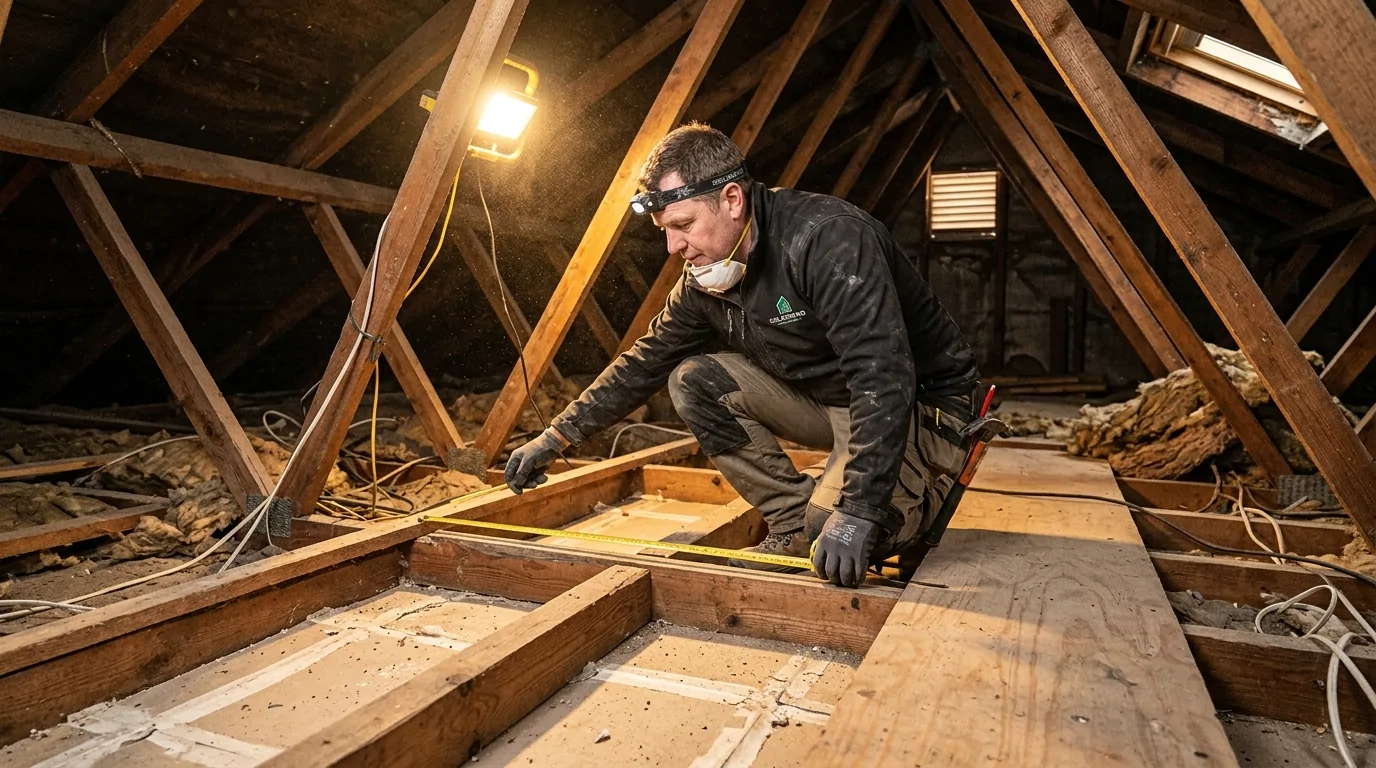 Artisan à lampe frontale mesurant au mètre ruban l'entraxe des solives d'un plafond en plaques de plâtre, dans des combles