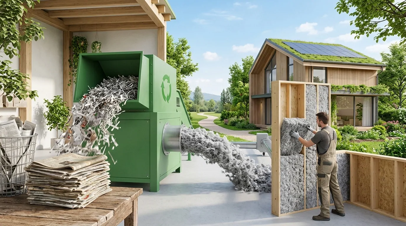 Vieux journaux broyés en ouate de cellulose par une machine de recyclage verte, puis insufflés dans un mur à ossature bois