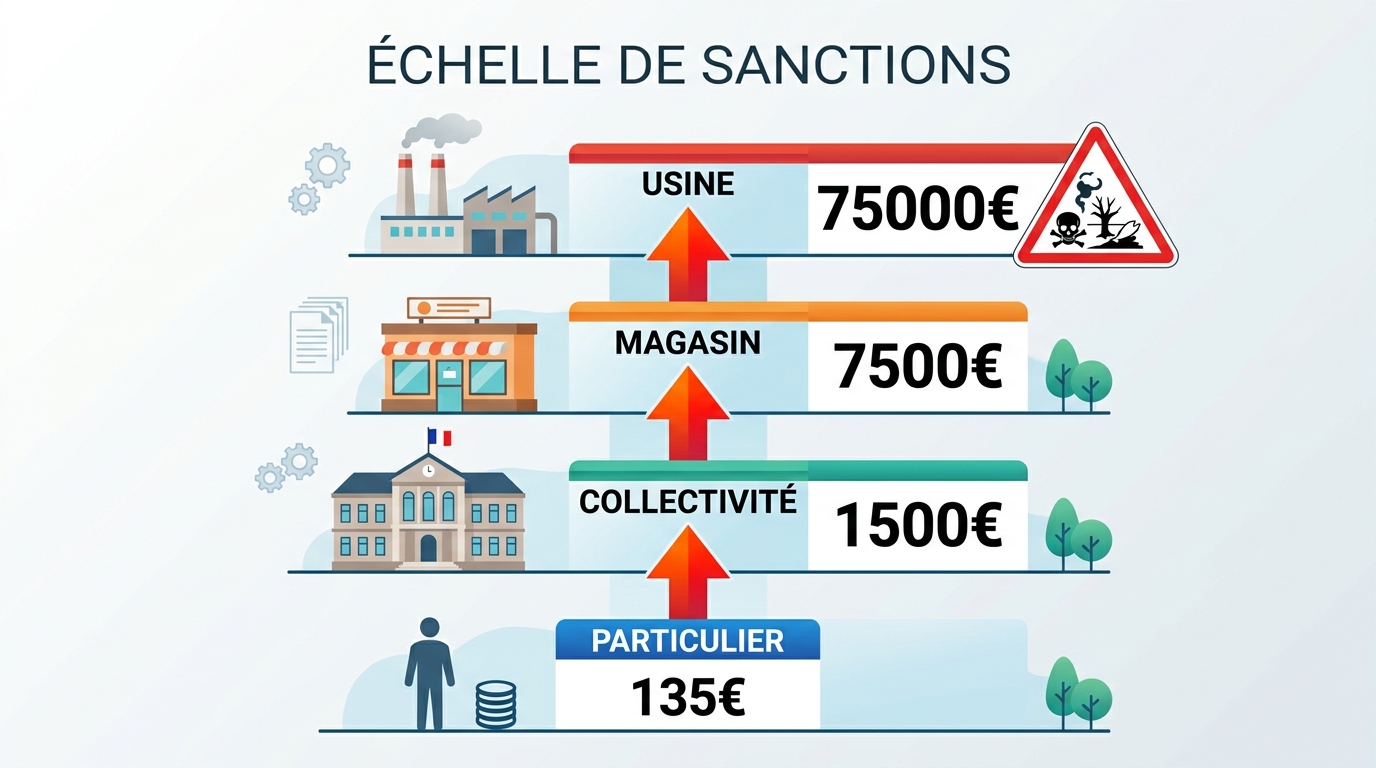 Infographie barème amendes vinaigre blanc désherbant : 135€ à 75000€ selon profil