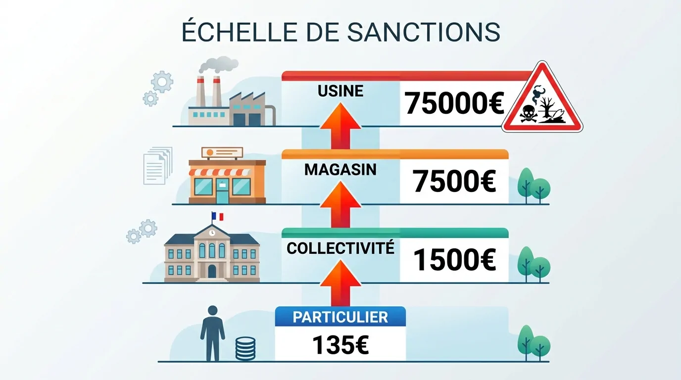 Infographie des amendes encourues : 135 € (particulier), 1 500 € (collectivité), 7 500 € (magasin) et 75 000 € (usine)