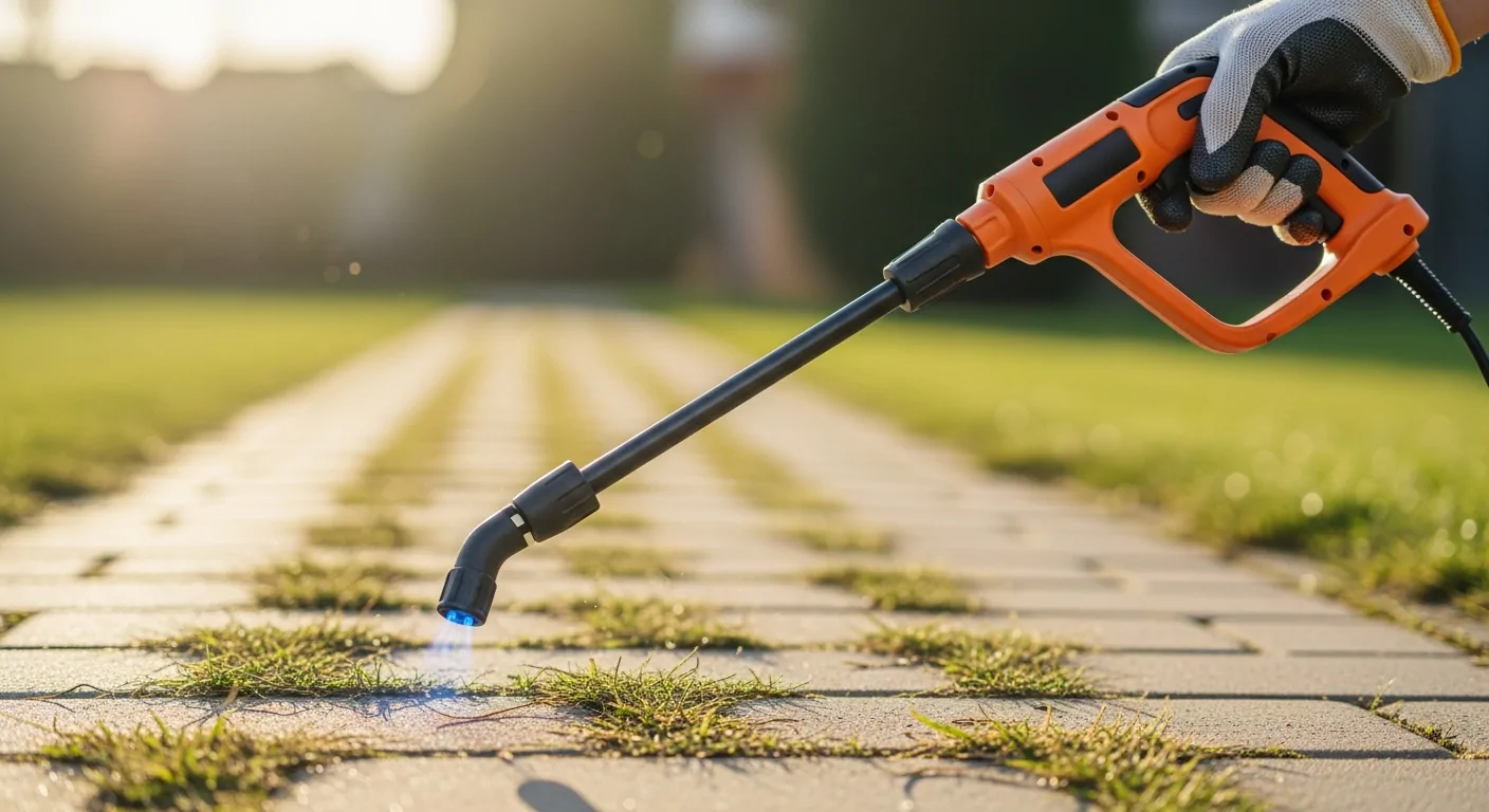 Main gantée passant un désherbeur thermique électrique orange sur les herbes poussant entre les pavés d'une allée