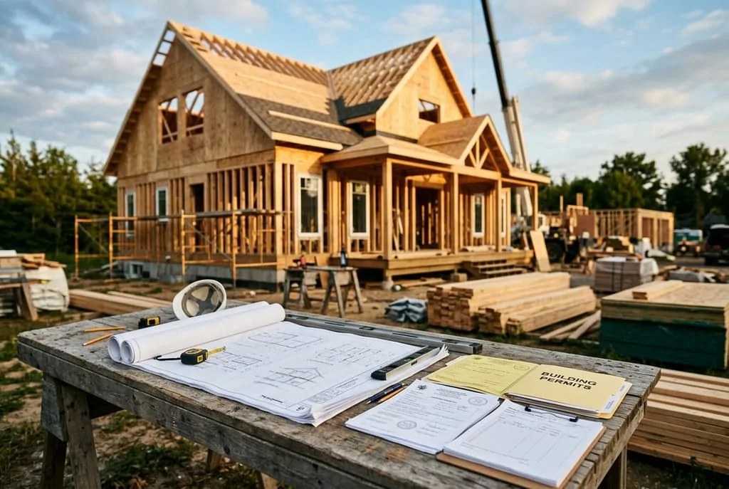 image Plans de construction et dossier de permis posés sur un établi, devant une maison à ossature bois en chantier