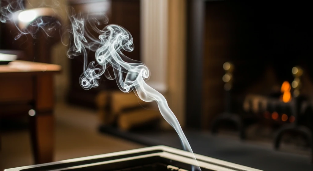 Volutes de fumée s'élevant dans un salon, devant un foyer de cheminée allumé visible en arrière-plan