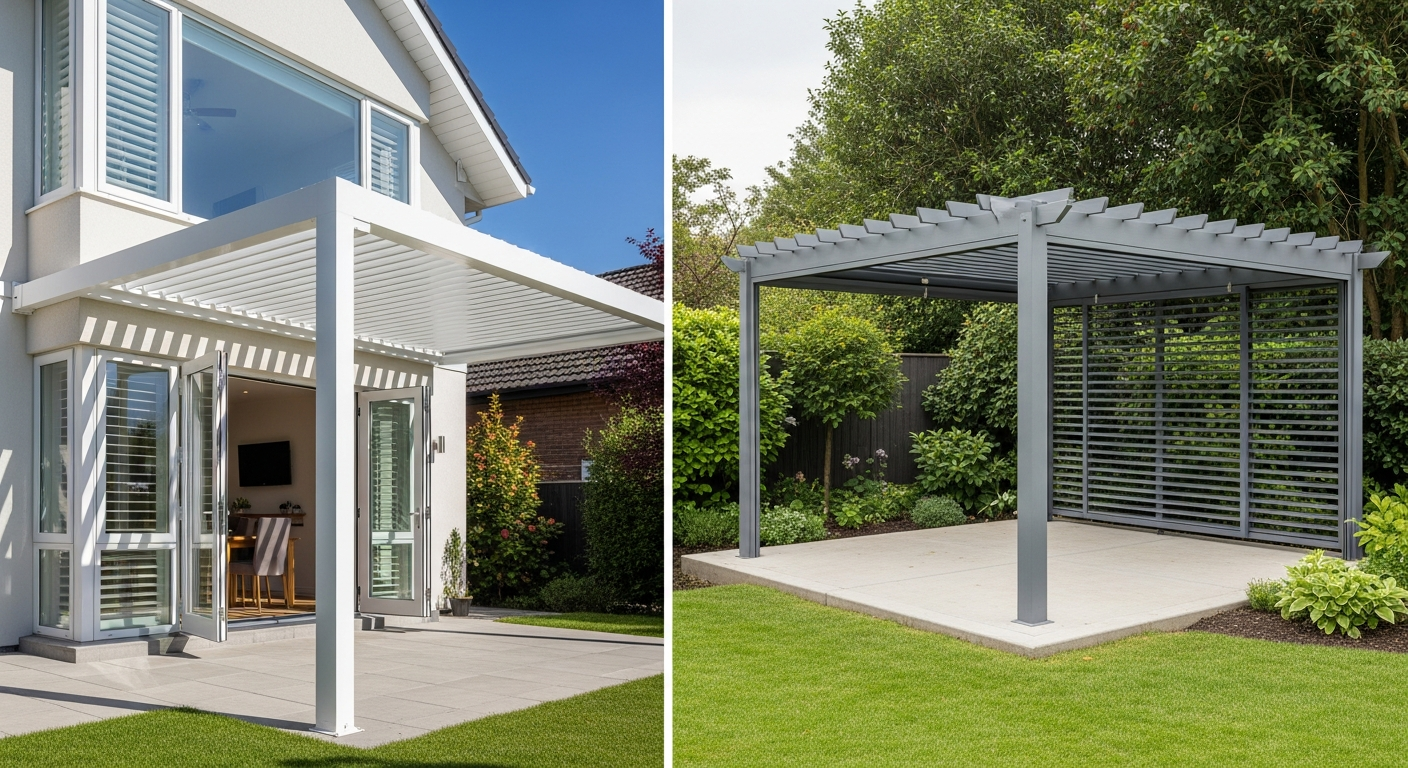 Comparaison pergola bioclimatique adossée contre mur et autoportée jardin