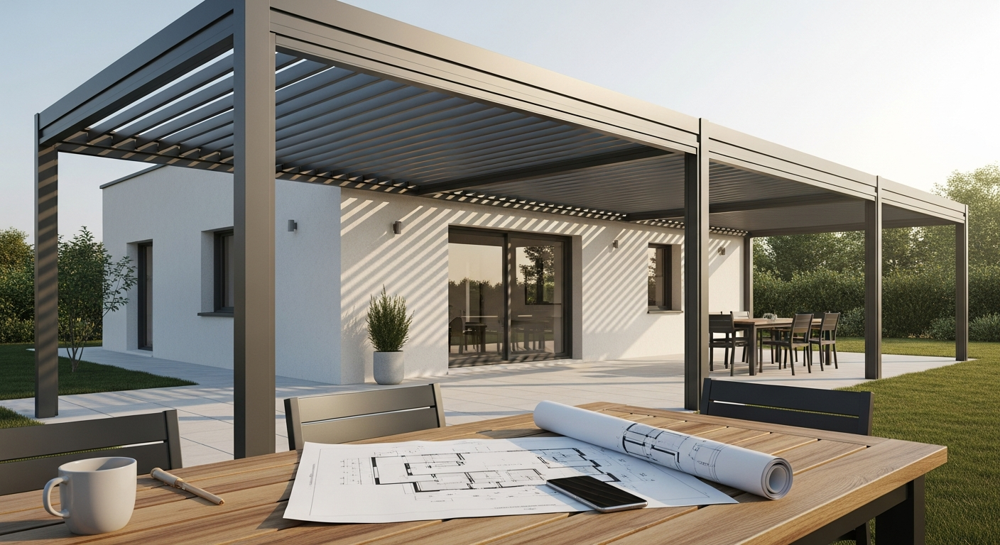 Pergola bioclimatique aluminium sur mesure sur terrasse moderne au coucher du soleil
