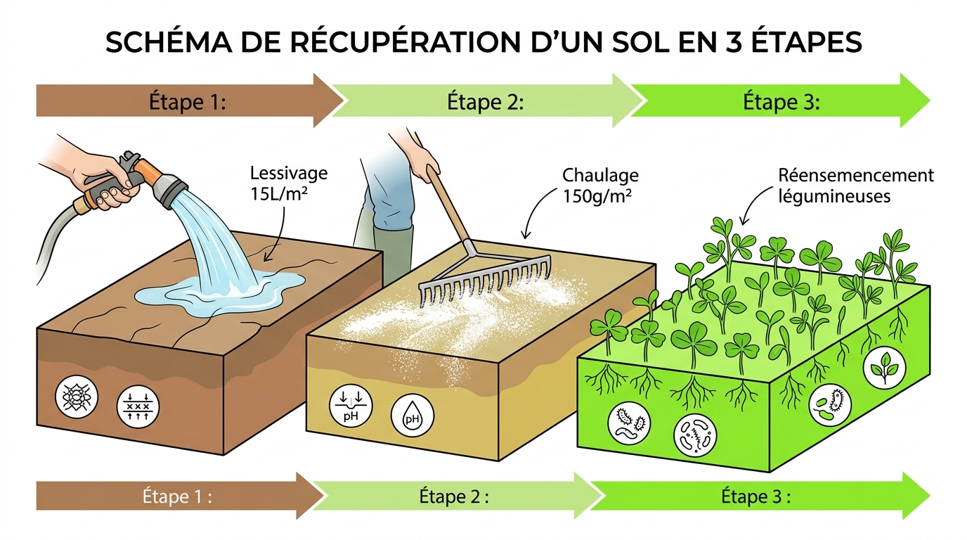 Schéma 3 étapes récupération sol acidifié : lessivage, chaulage, réensemencement légumineuses
