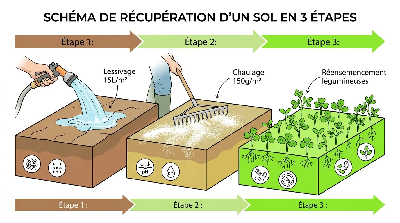 Schéma de récupération d'un sol en trois étapes : lessivage au jet à 15 L/m², chaulage à 150 g/m², puis semis de légumineuses