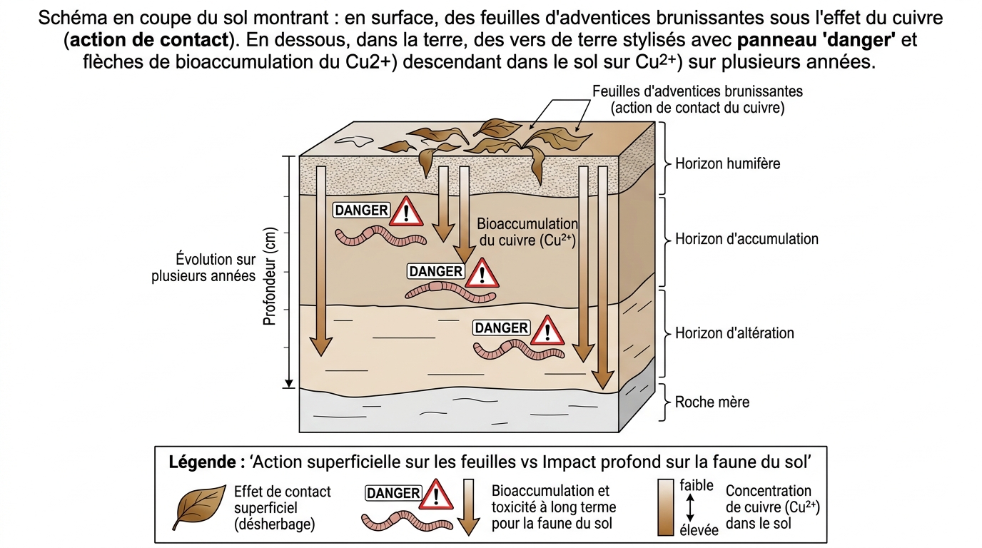 Schéma action sulfate cuivre surface feuilles et toxicité vers de terre sol