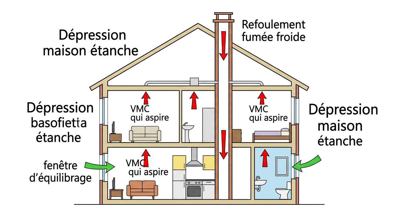 Schéma pression négative VMC refoulement fumée cheminée maison