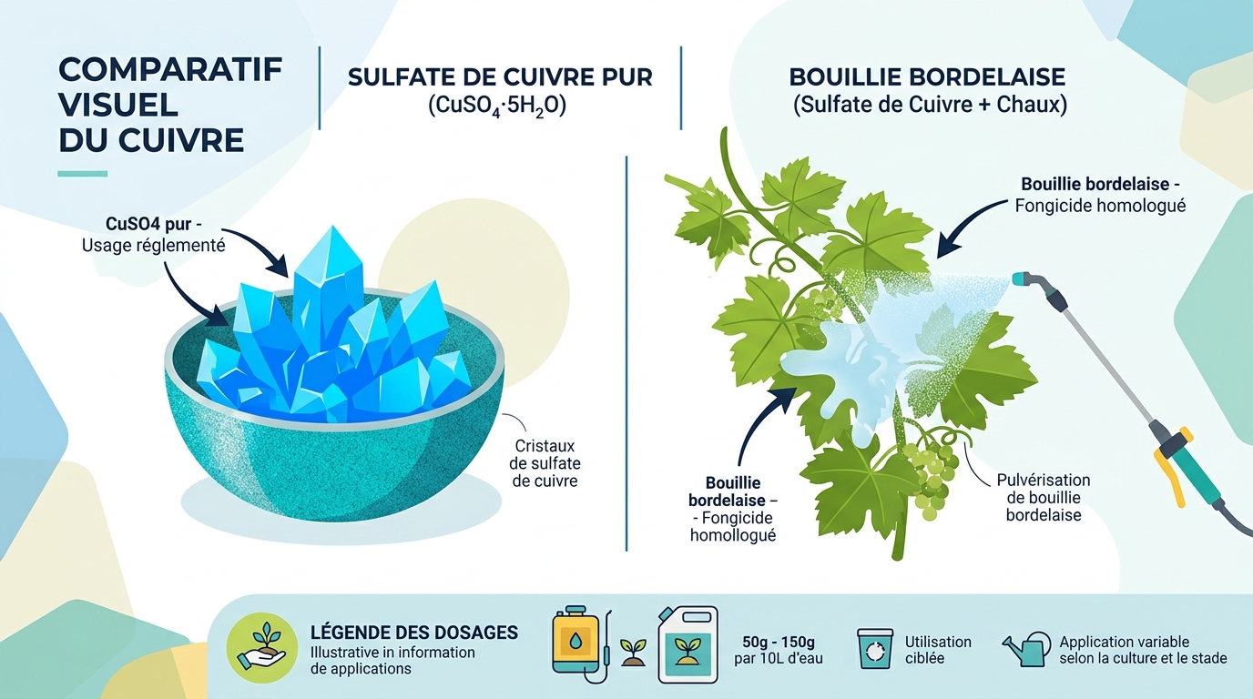 Comparaison cristaux sulfate cuivre bleu et pulvérisation bouillie bordelaise