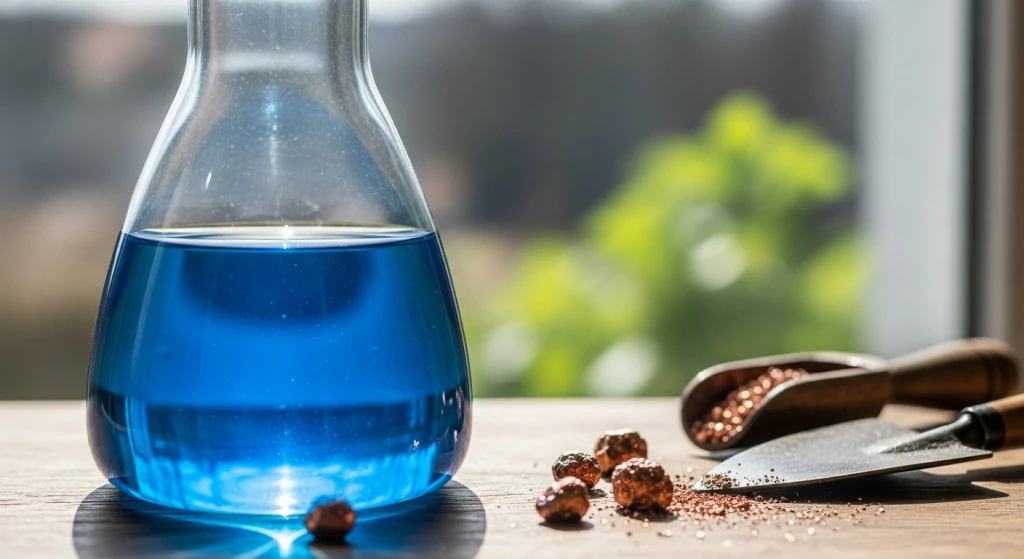 Fiole de sulfate de cuivre dilué d'un bleu vif sur une table en bois, près de granulés cuivrés et d'une pelle de jardin