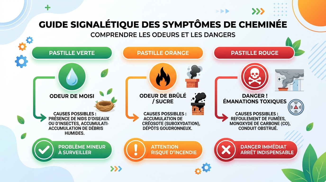 Tableau diagnostic odeur cheminée moisi brûlé danger