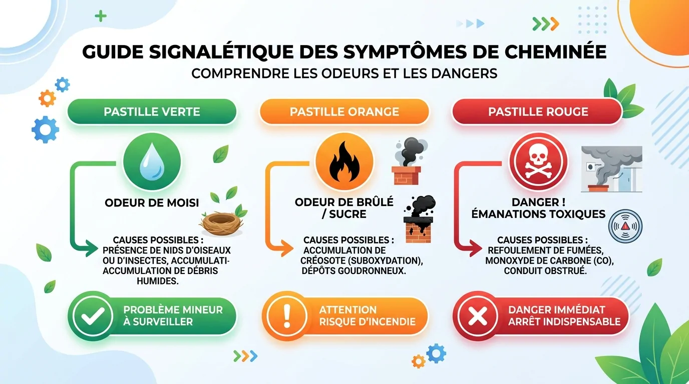 Infographie des odeurs de cheminée : moisi dû aux débris, brûlé dû à la créosote, émanations toxiques de CO imposant l'arrêt