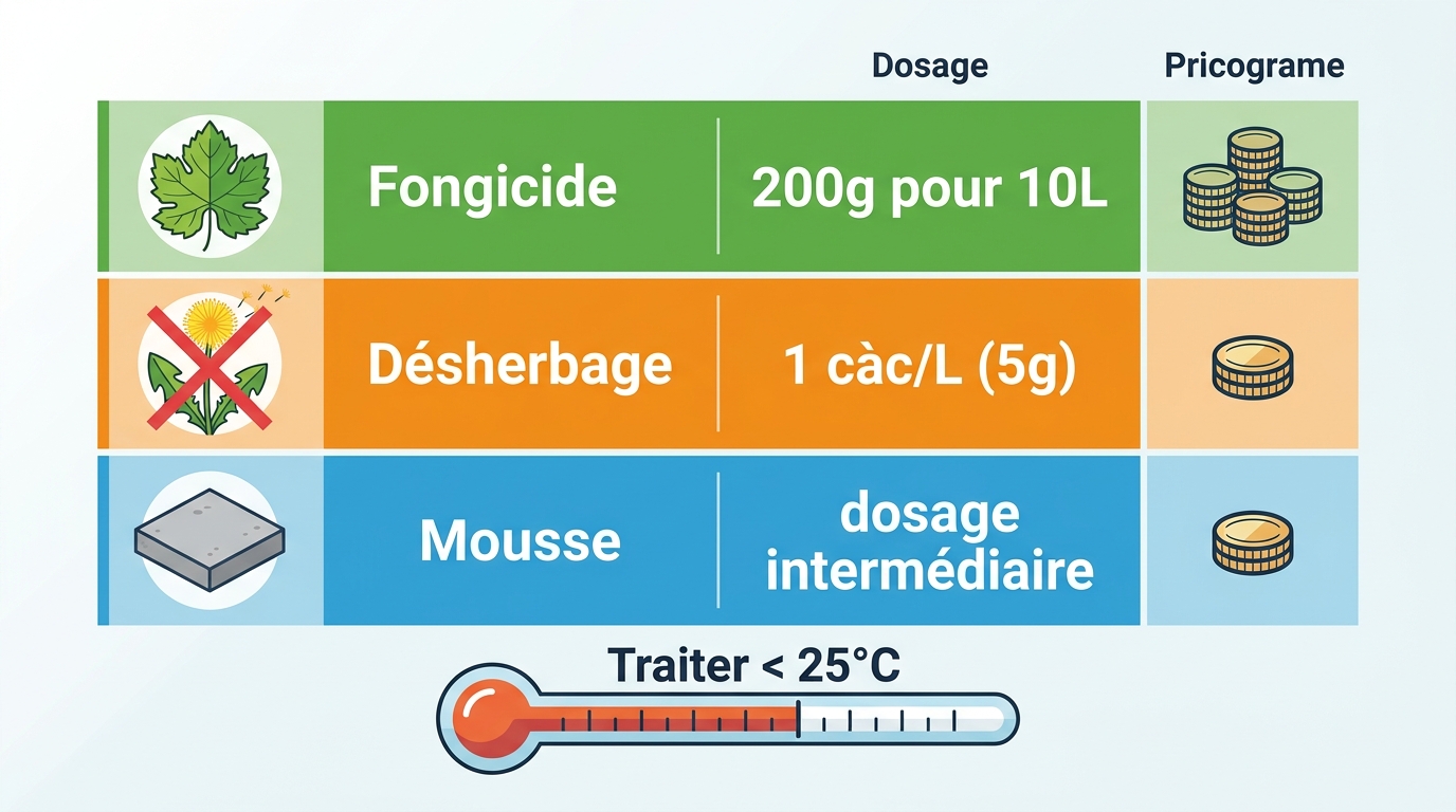 Tableau visuel dosages sulfate cuivre selon usage fongicide desherbage mousse