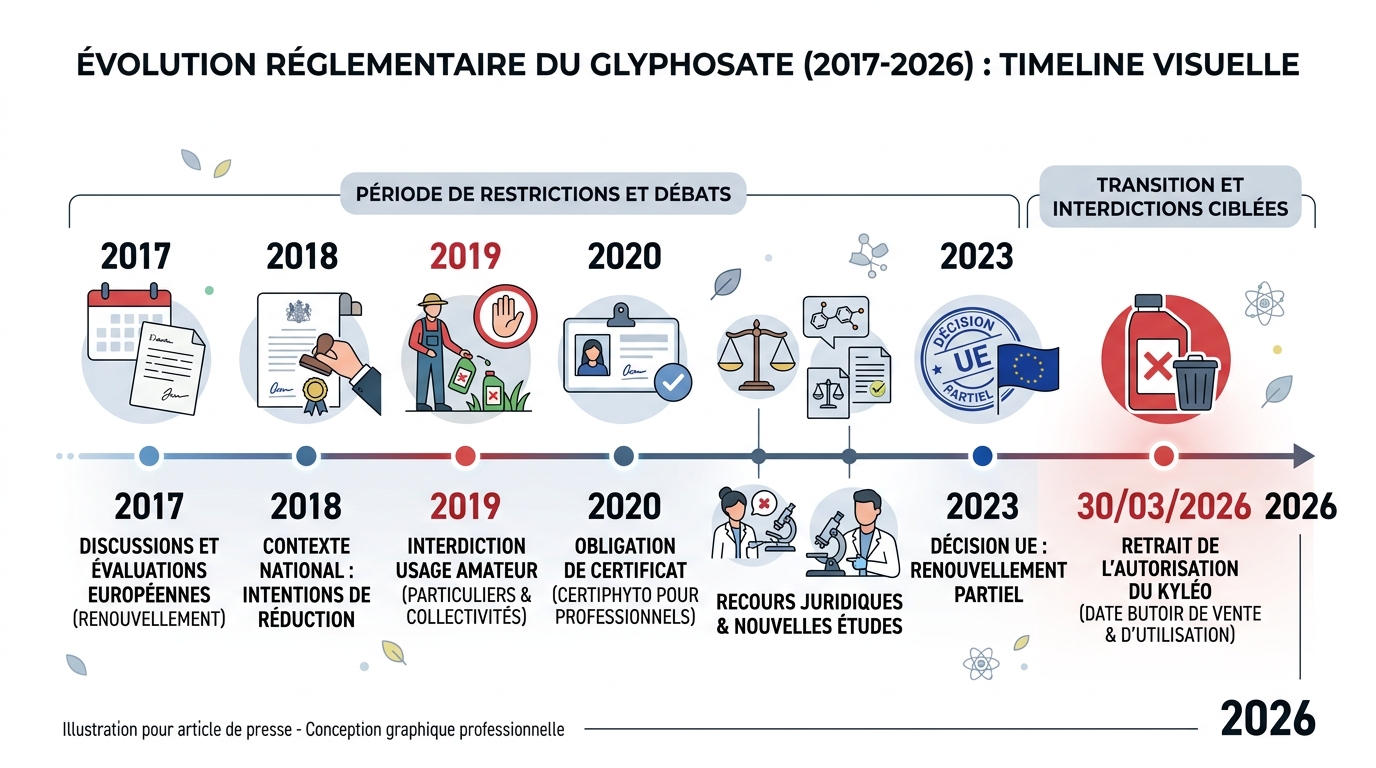 Timeline évolution réglementation glyphosate 2017-2026 arrêt Kyléo