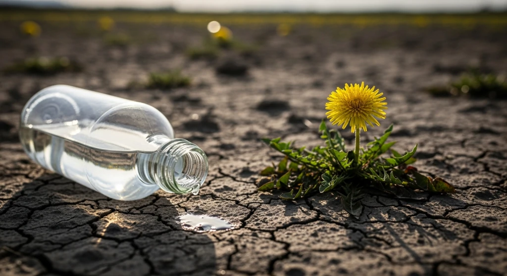 Bouteille de vinaigre blanc renversée sur une terre sèche et craquelée, à côté d'un pissenlit en fleur