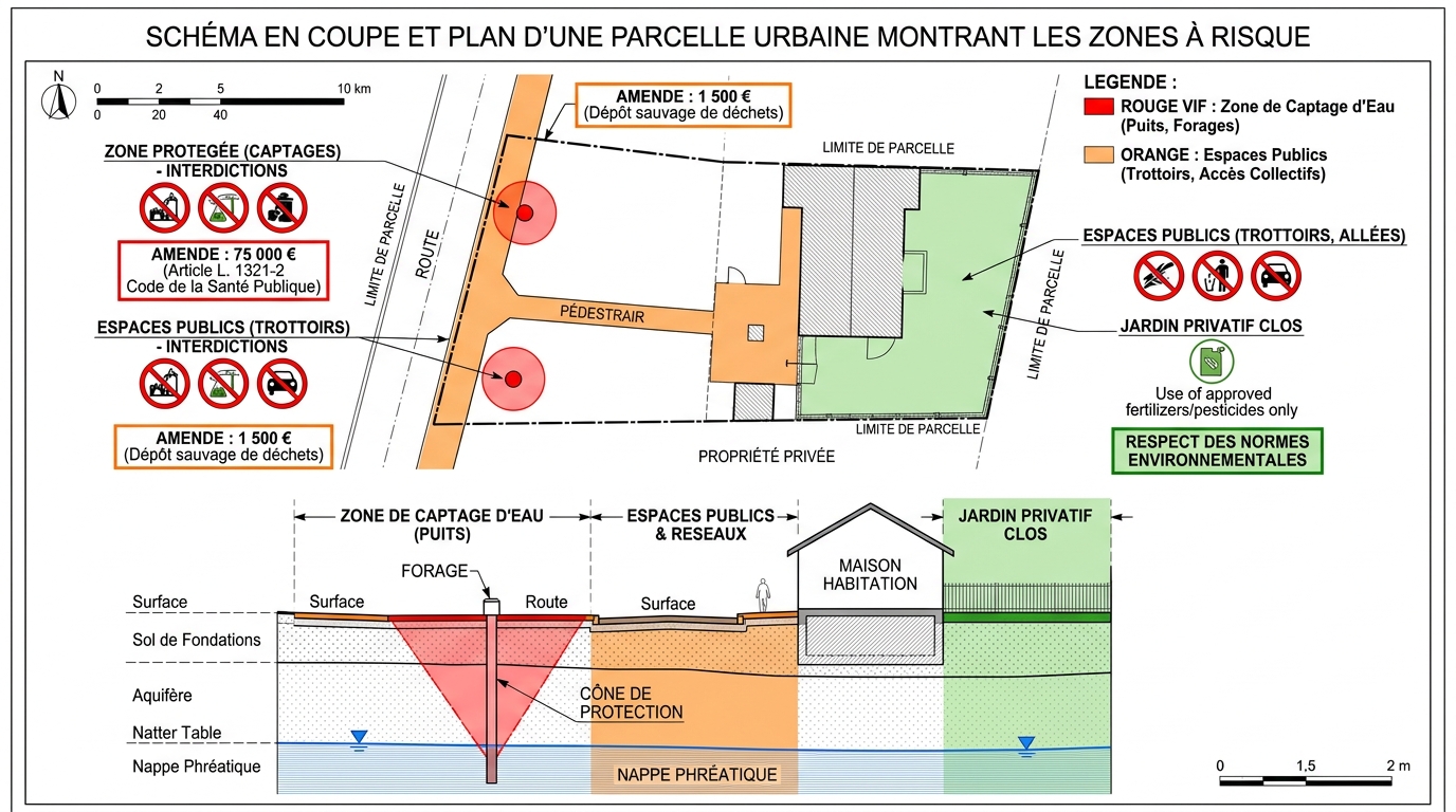 Schéma des zones interdiction vinaigre blanc désherbant : captage eau, espace public, jardin privé