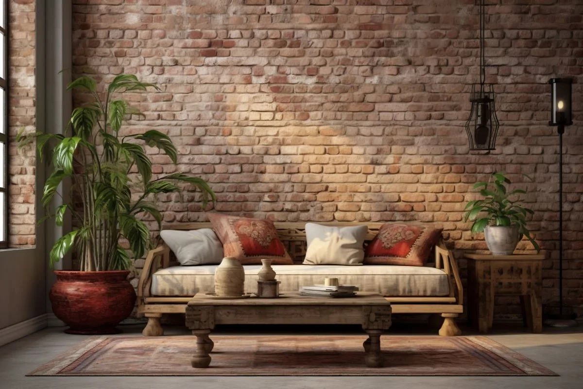 Salon à mur effet briques patinées avec banquette en bois, coussins brodés, grandes plantes vertes et table basse rustique