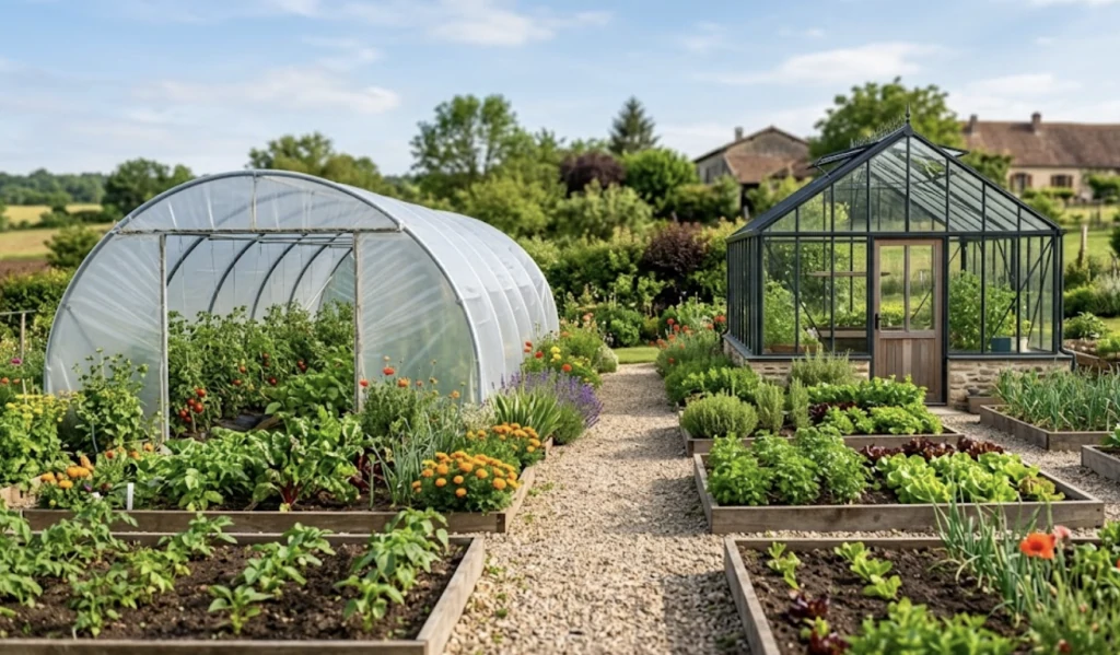 Serre tunnel en plastique et serre rigide vitrée côte à côte dans un potager en carrés, de part et d'autre d'une allée