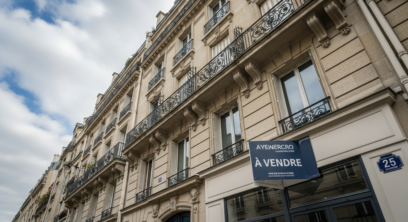 Façade haussmannienne Paris 16 avec pancarte agence immobilière à vendre