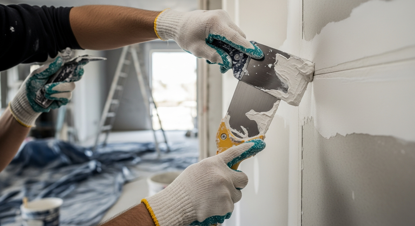 Application d'enduit de rebouchage au couteau sur un trou dans un mur en placo