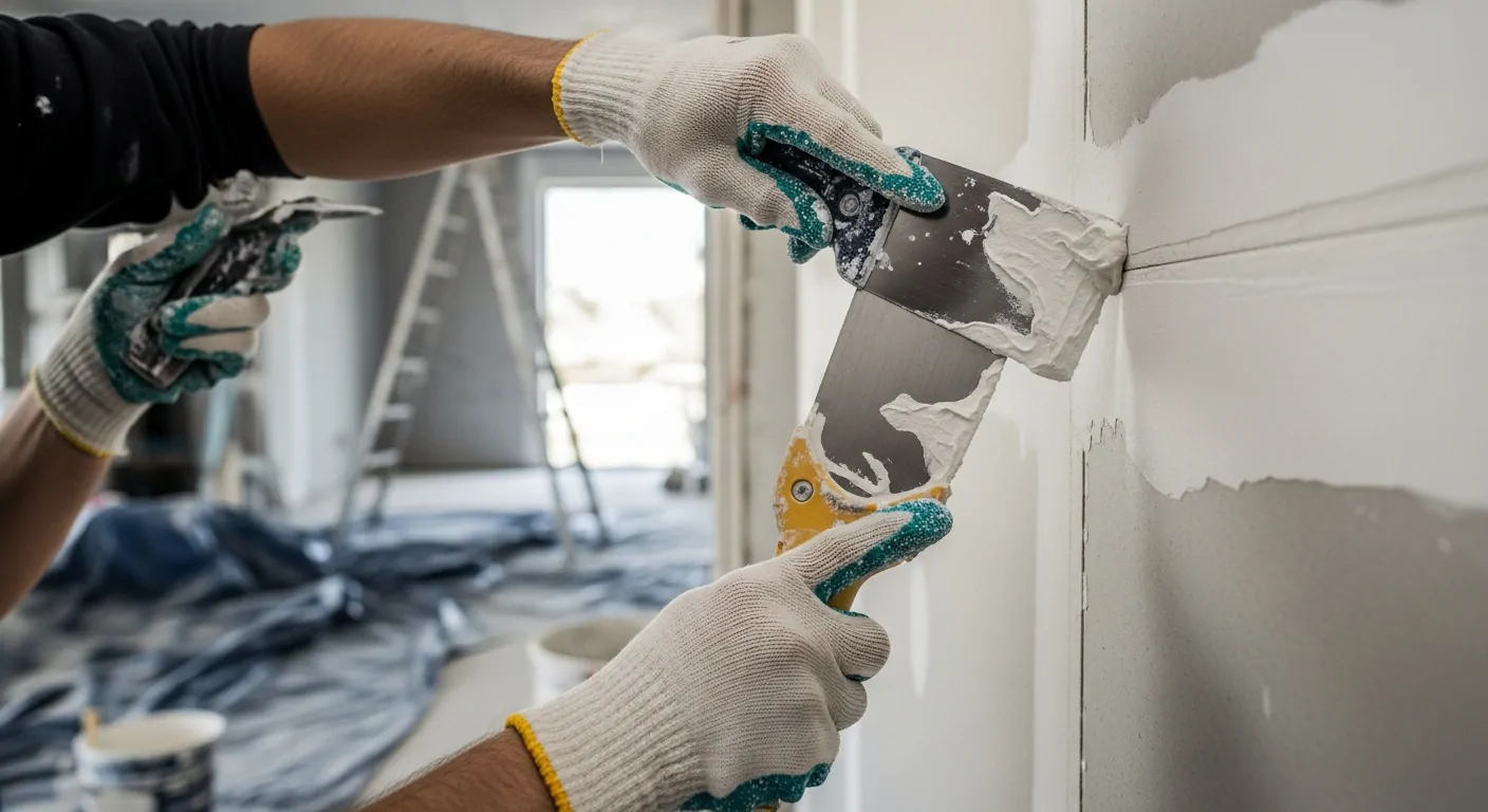 Application d'enduit de rebouchage au couteau sur un trou dans un mur en placo