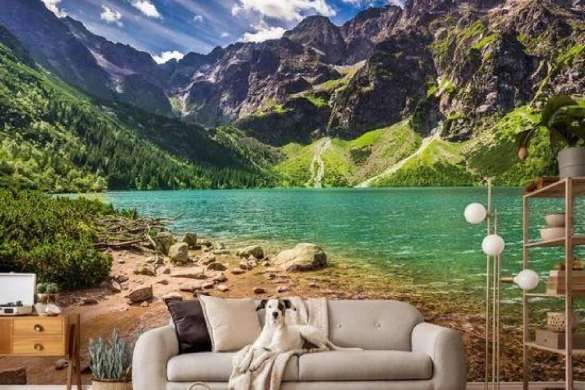 Papier peint photo d'un lac turquoise entouré de montagnes derrière un canapé gris où est couché un chien