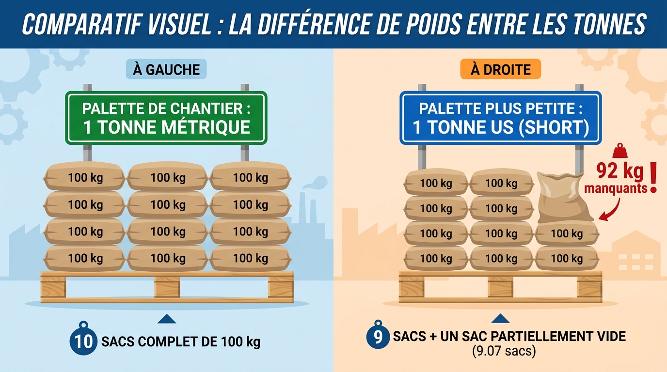 Comparaison visuelle tonne métrique 1000kg contre tonne courte US 907kg