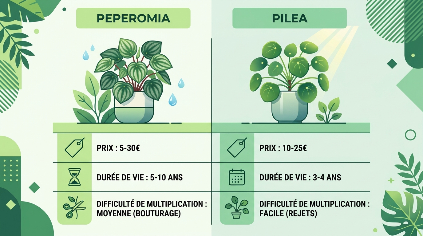 Infographie comparaison prix et longévité Peperomia versus Pilea 2026