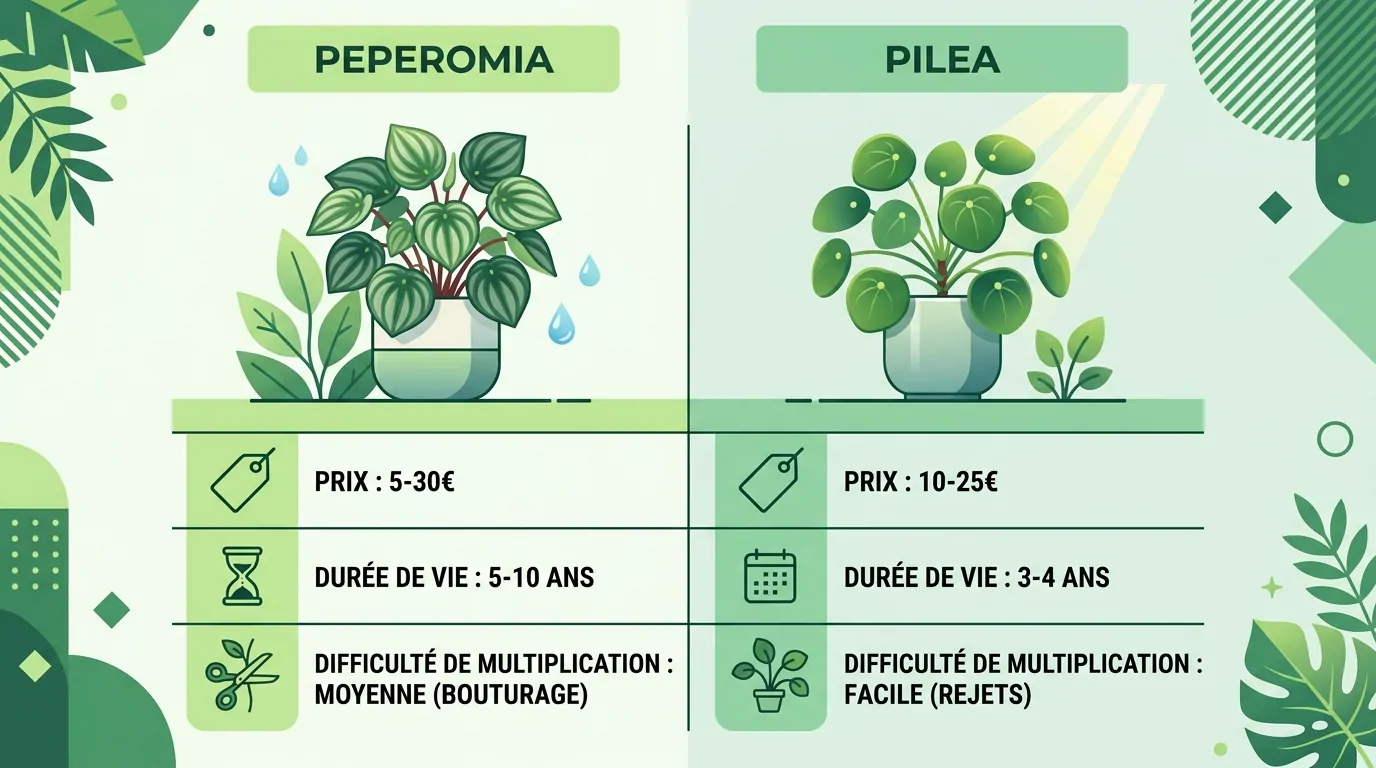 Infographie comparant Peperomia et Pilea : prix de 5 à 30 € contre 10 à 25 €, durée de vie et facilité de bouturage