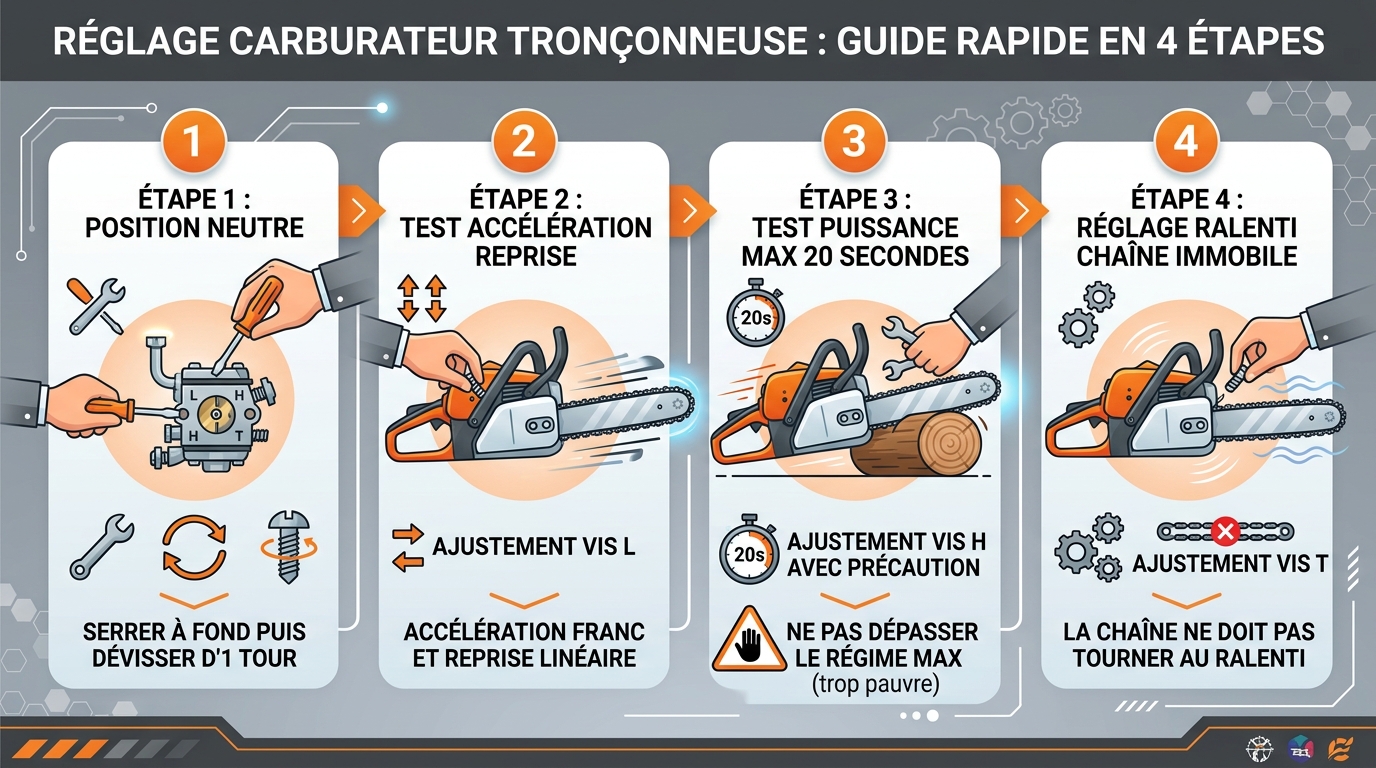 Infographie réglage carburateur tronçonneuse 4 étapes
