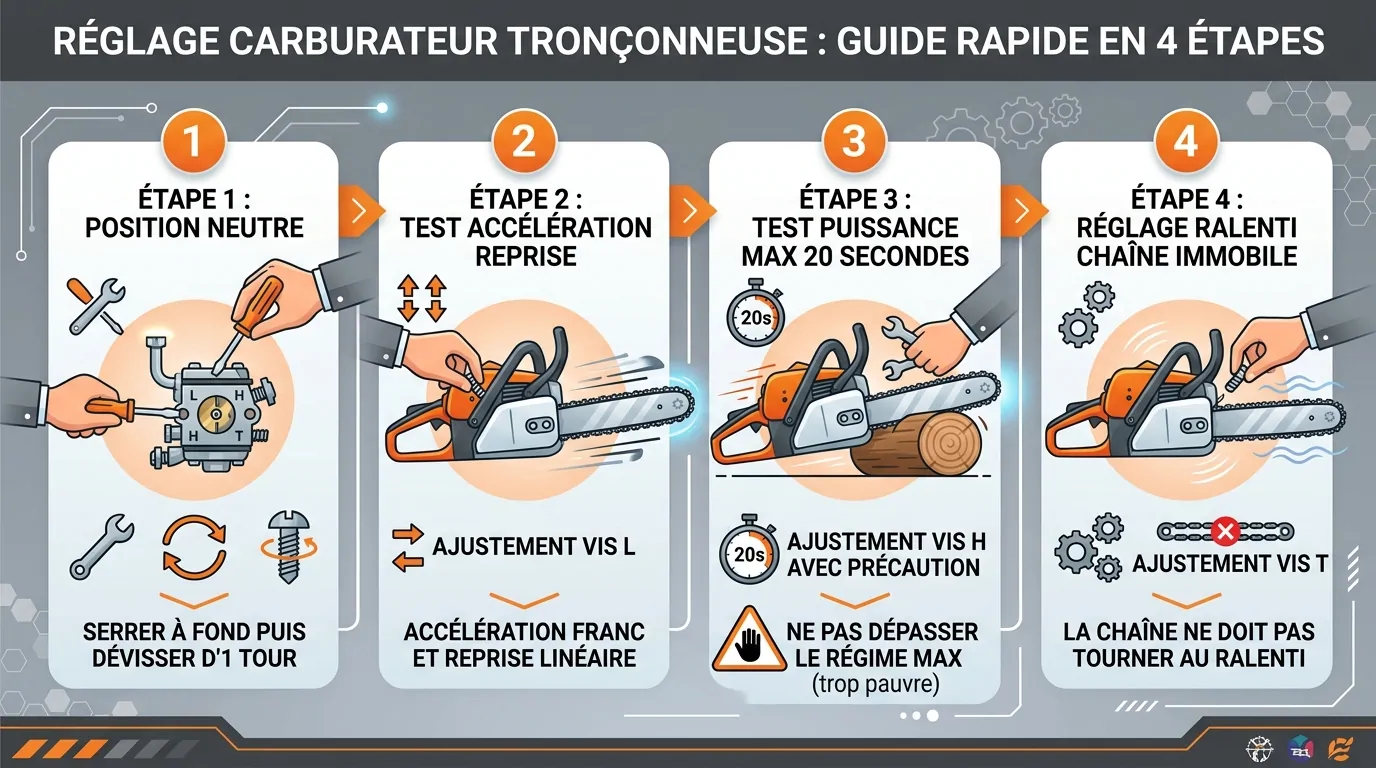 Infographie du réglage d'un carburateur de tronçonneuse en 4 étapes : position neutre, vis L, vis H puis ralenti