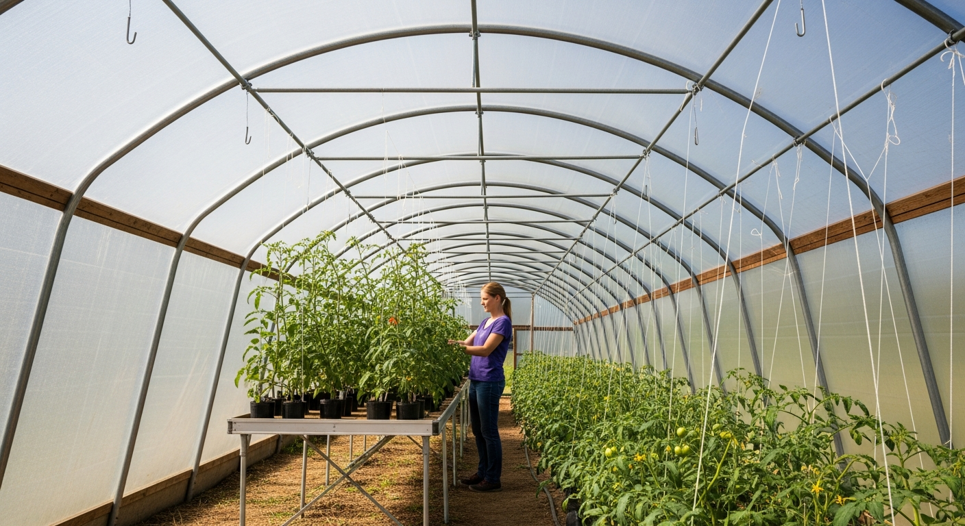 Intérieur serre tunnel pieds droits avec jardinier cultivant debout